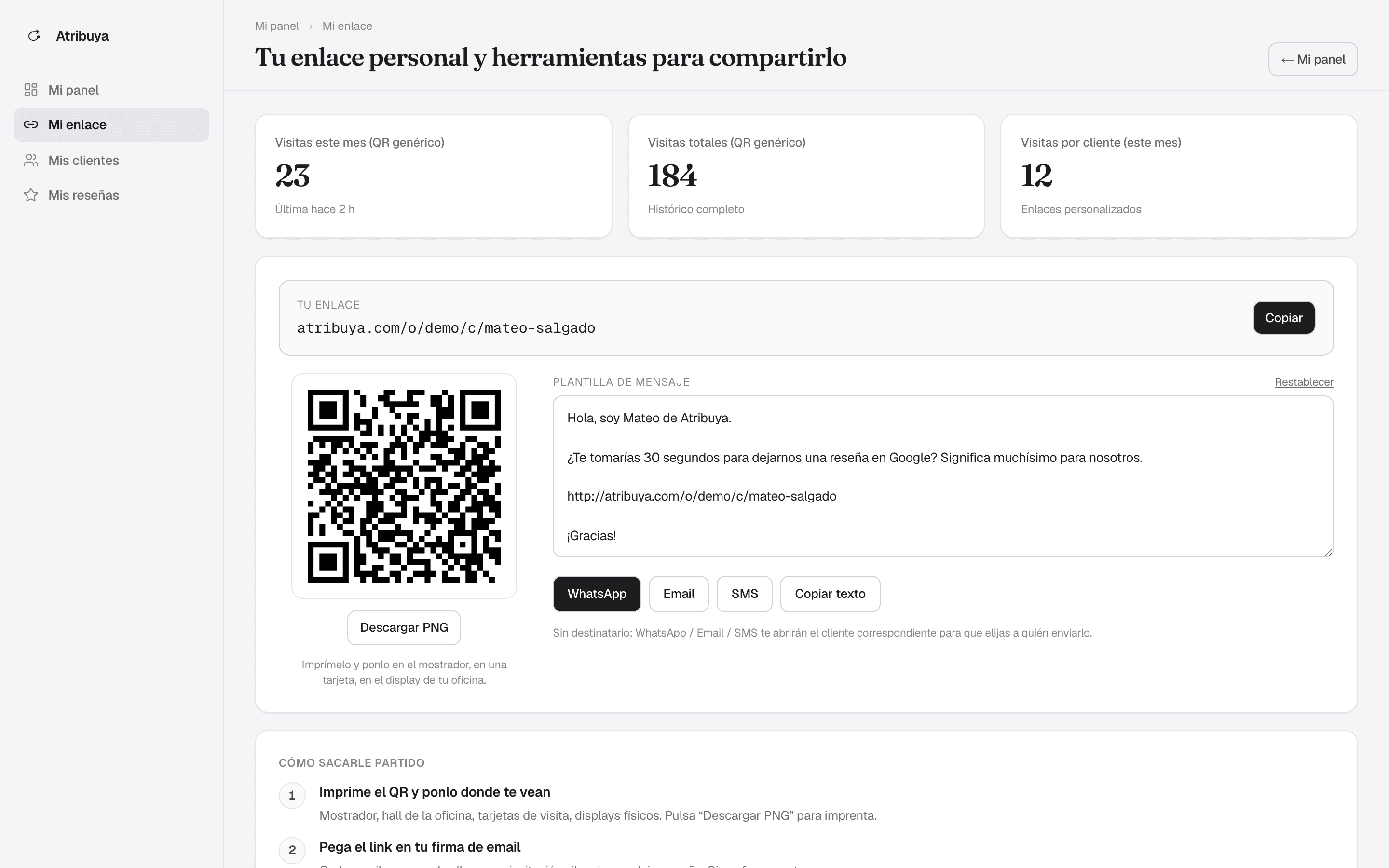 Pantalla del comercial con su enlace personalizado y su código QR para compartir