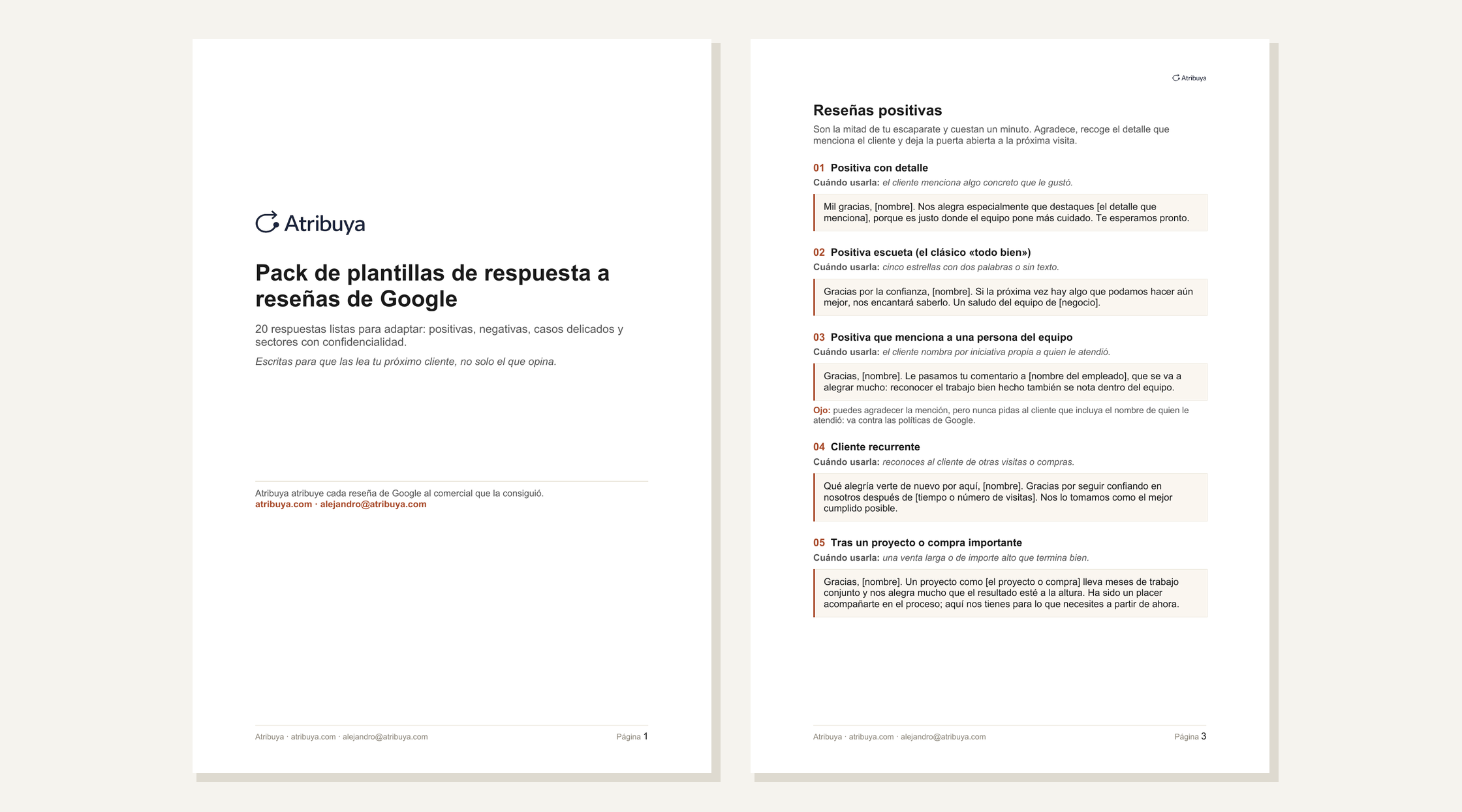 Portada y página de plantillas del pack de respuestas a reseñas de Google de Atribuya